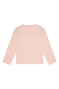 Front flat lay of Bondi Rashguard Kids in powder pink crinkle showcasing long sleeves, textured crinkle fabric and crew neckline on white background