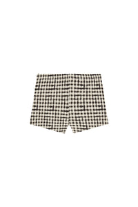 Front flat lay of Santa Cruz Short Kids shorts showing black gingham check, elastic waist, and lining on white background