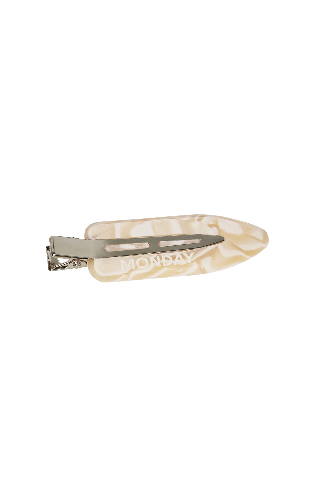 Beige marbled acrylic hair clip with metal clasp, printed 'MONDAY'