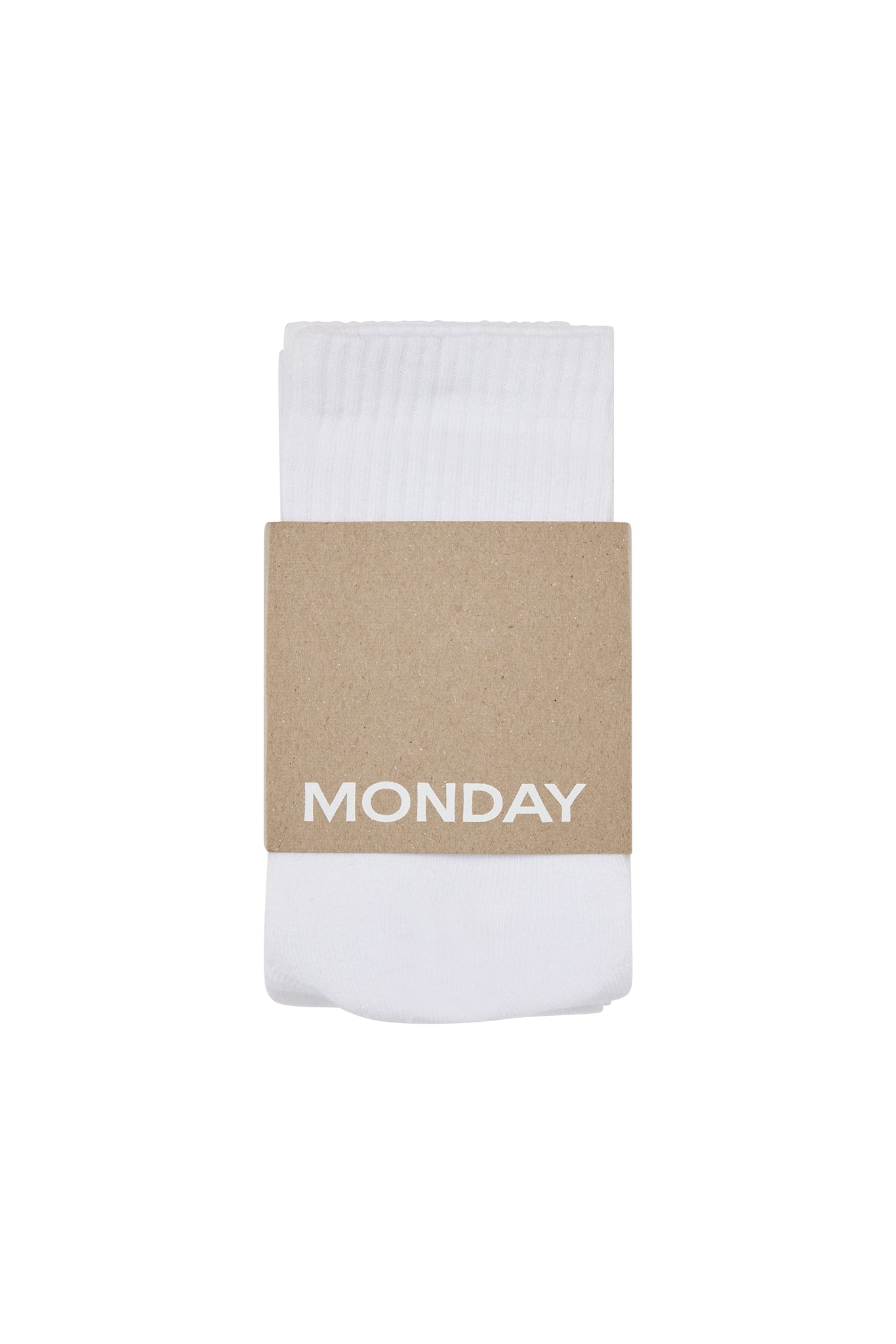 Folded white socks with a brown cardboard band labeled MONDAY