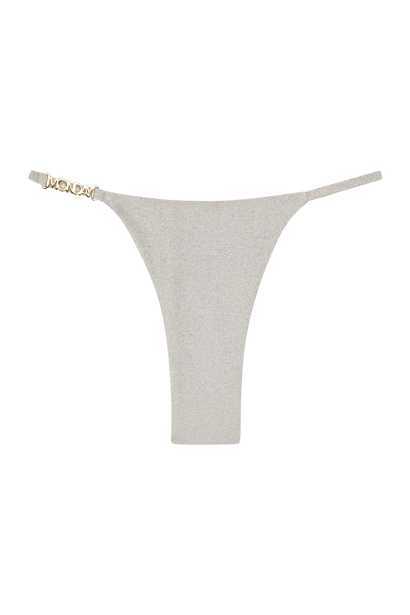 Silver metallic thong bikini bottom with gold MONDAY charm on left strap