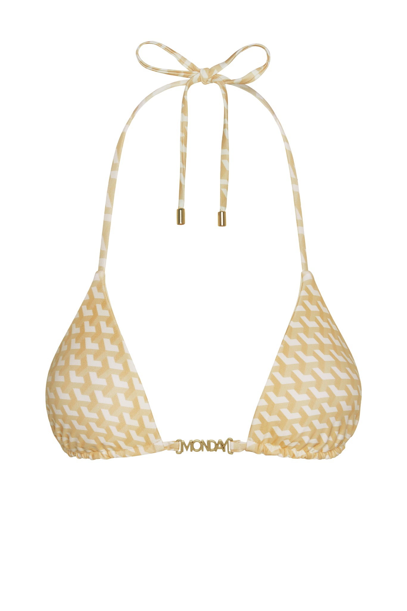 Yellow geometric-print triangle bikini top with gold MONDAY logo clasp at center