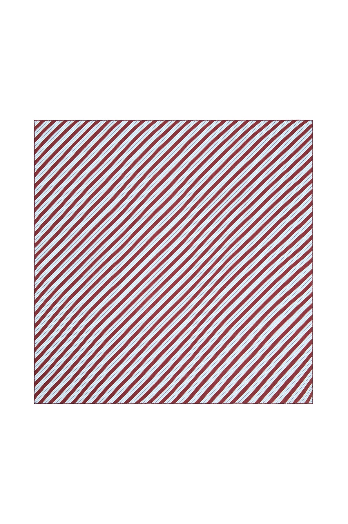 Flat lay of the Monday head scarf in Milano Stripe showcasing burgundy, white, and light blue diagonal stripes on a white background