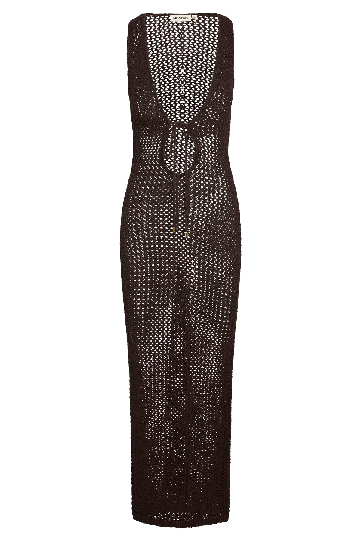 Front view of Monte Carlo Tie Dress showcasing espresso petit crochet, plunging neckline, and adjustable tie front on white