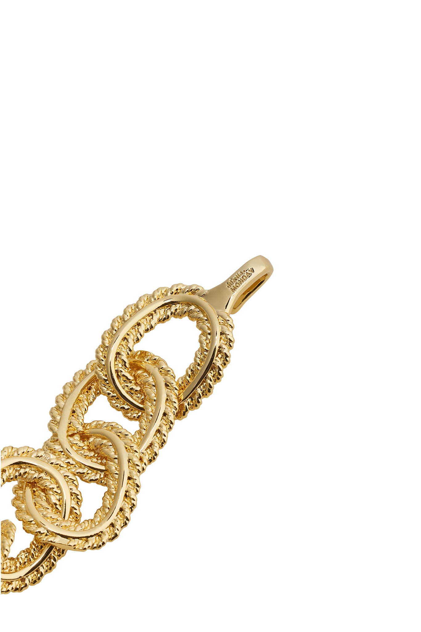 Close-up of a gold rope-link bracelet section with textured twisted links and a small clasp.