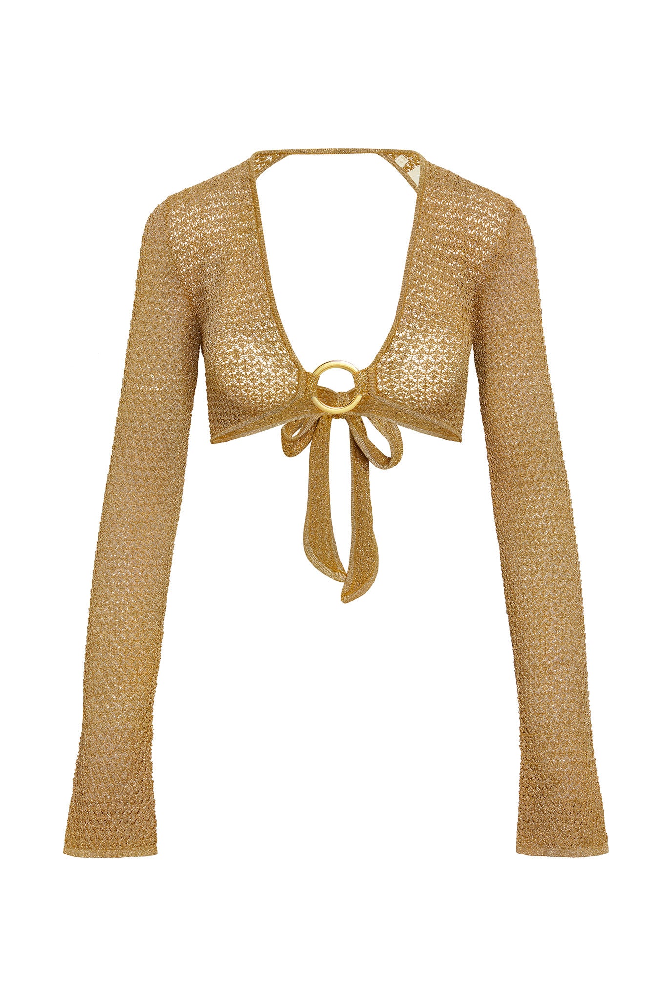 Gold crochet long-sleeve cropped bolero with front tie and gold circular ring accent