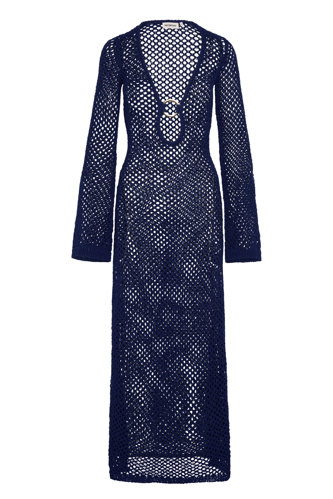 Navy open-knit long-sleeve maxi dress with deep V-neck and front ring detail; garment label reads 'MONDAY'.