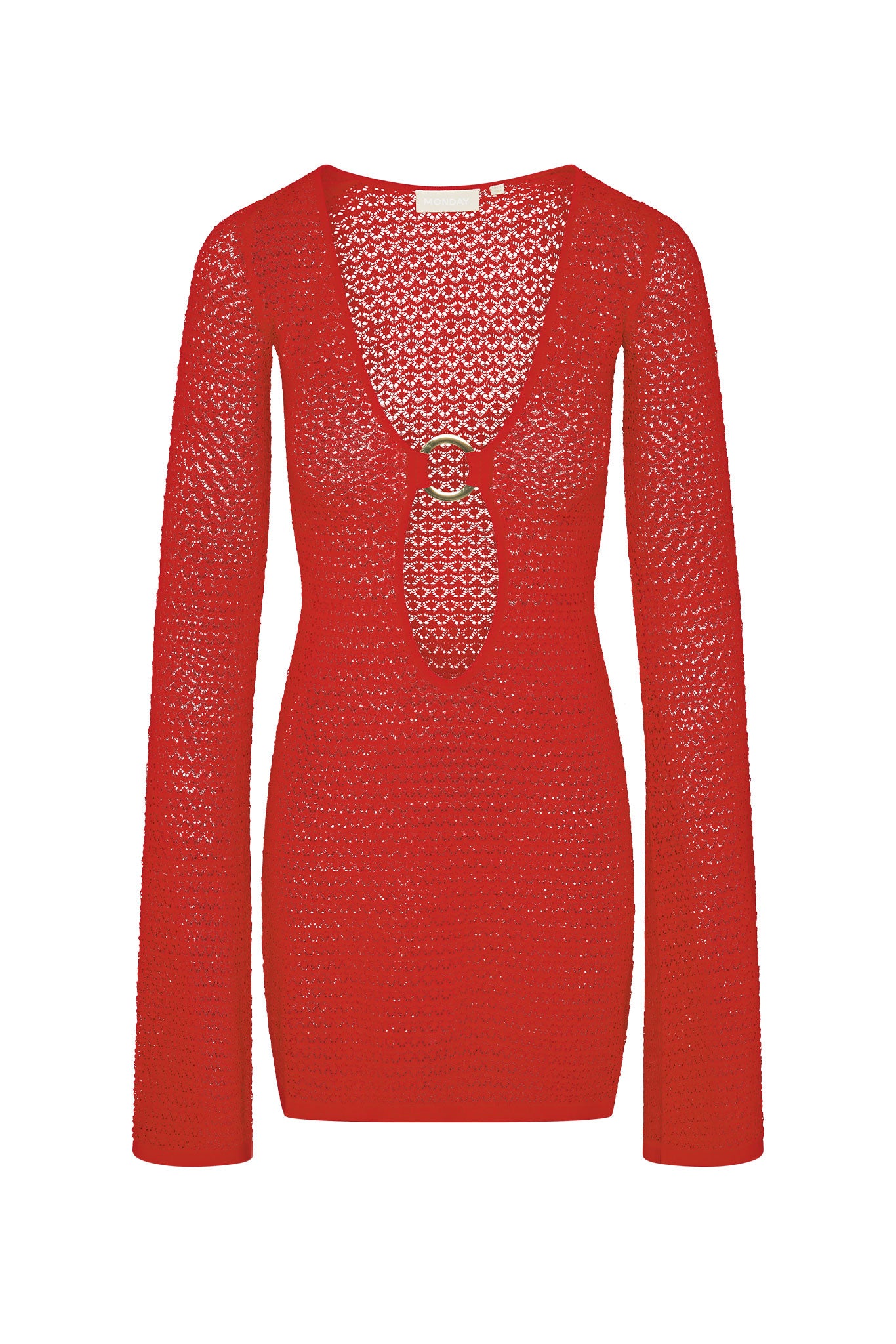 Red crochet long-sleeve mini dress with front keyhole and gold ring, label 'MONDAY' visible