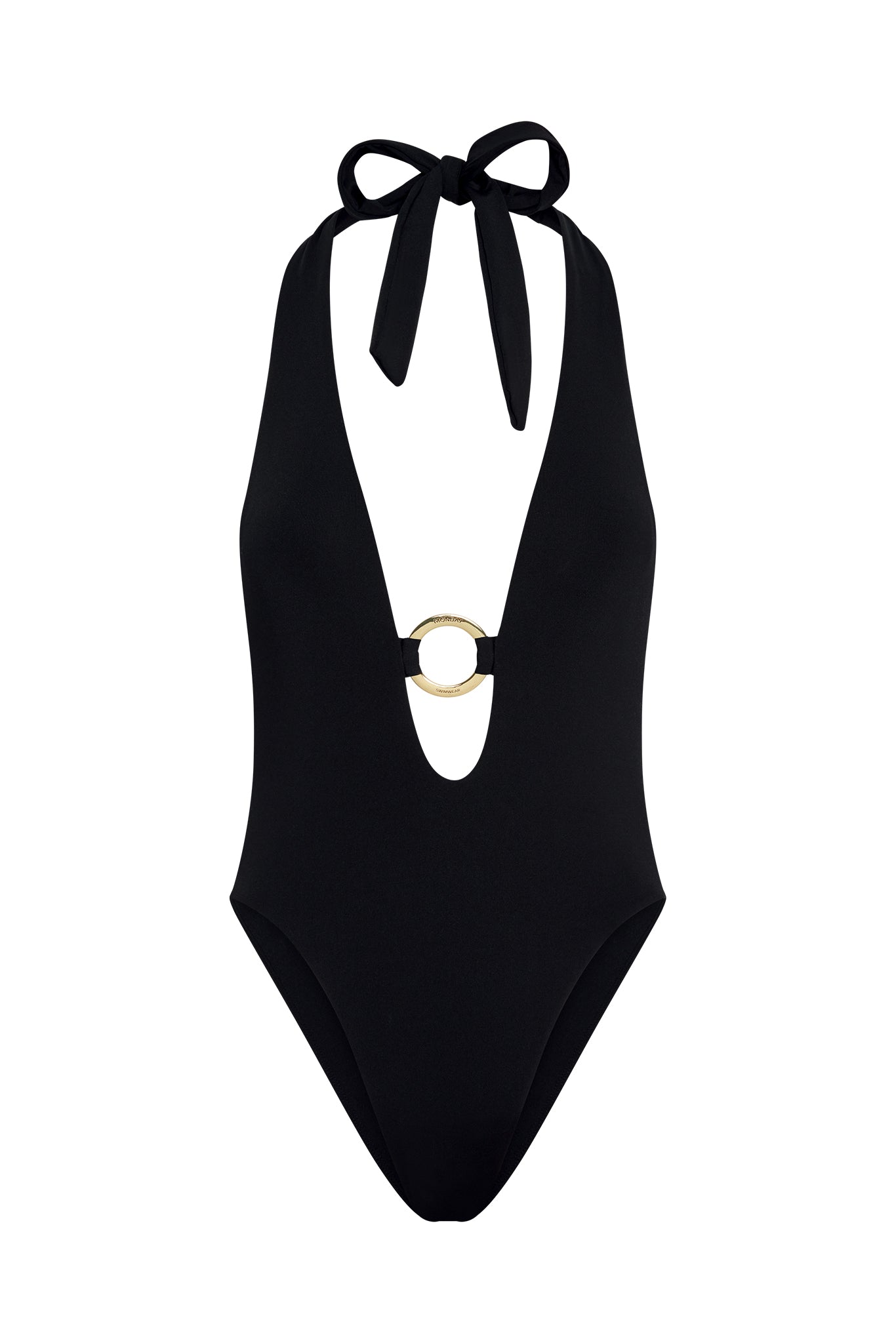 Black halter one-piece swimsuit with deep V neckline and gold circular O-ring at center front