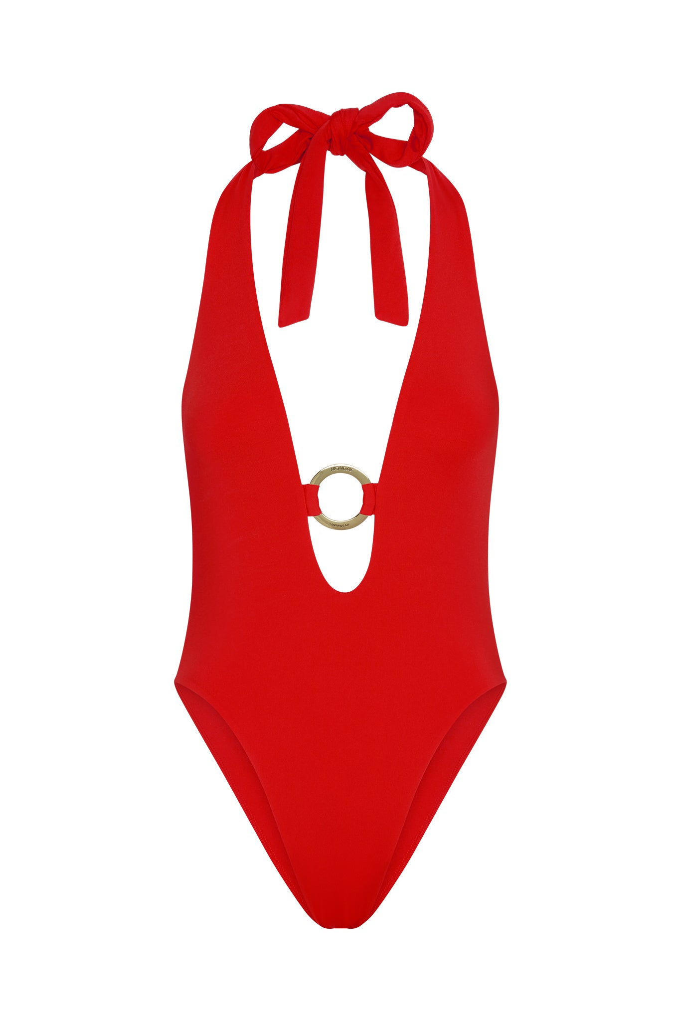 Red halter one-piece swimsuit with deep V neckline, neck tie, and decorative central gold ring.