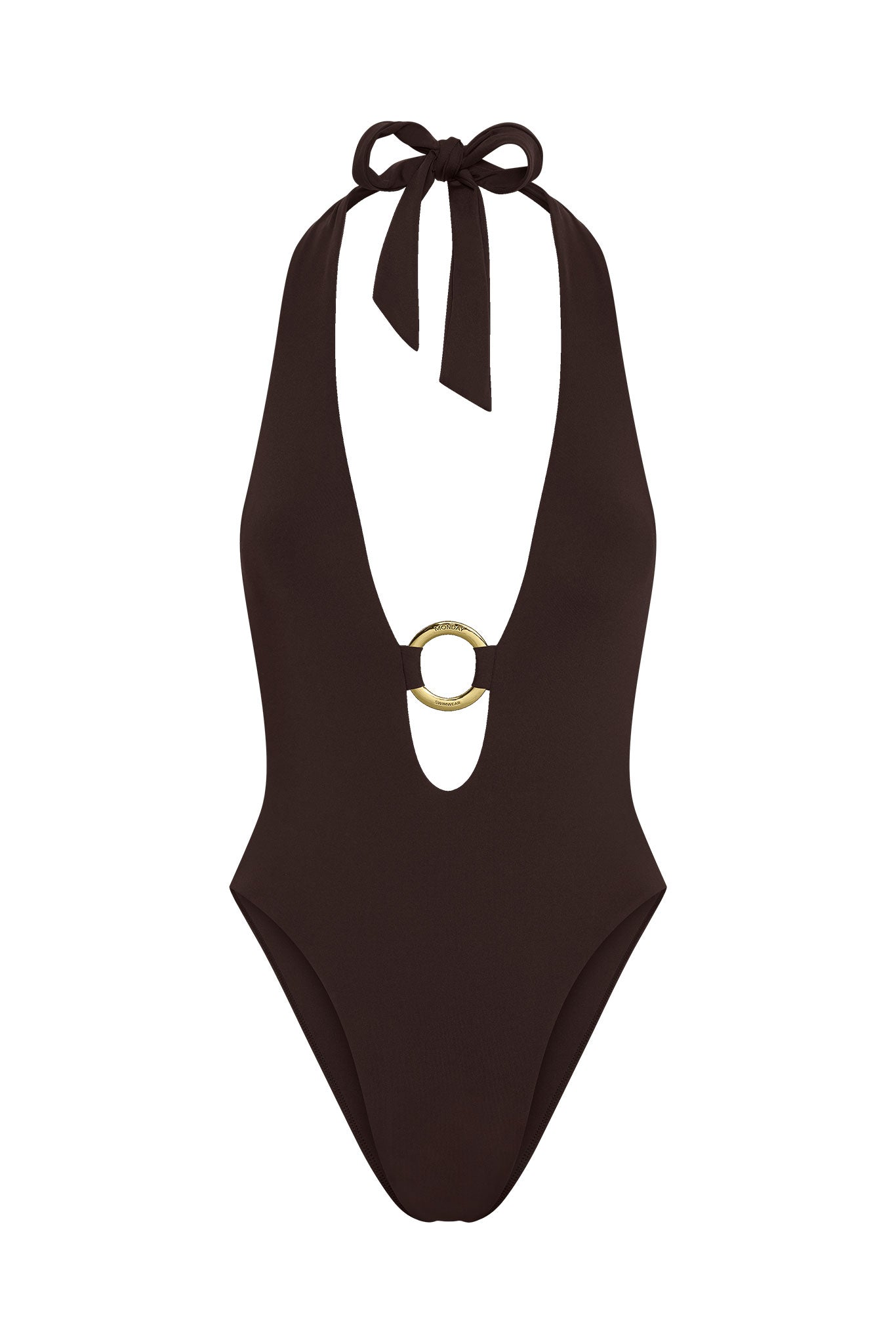 Brown halter one-piece swimsuit with deep V neckline and circular gold ring accent at center front.