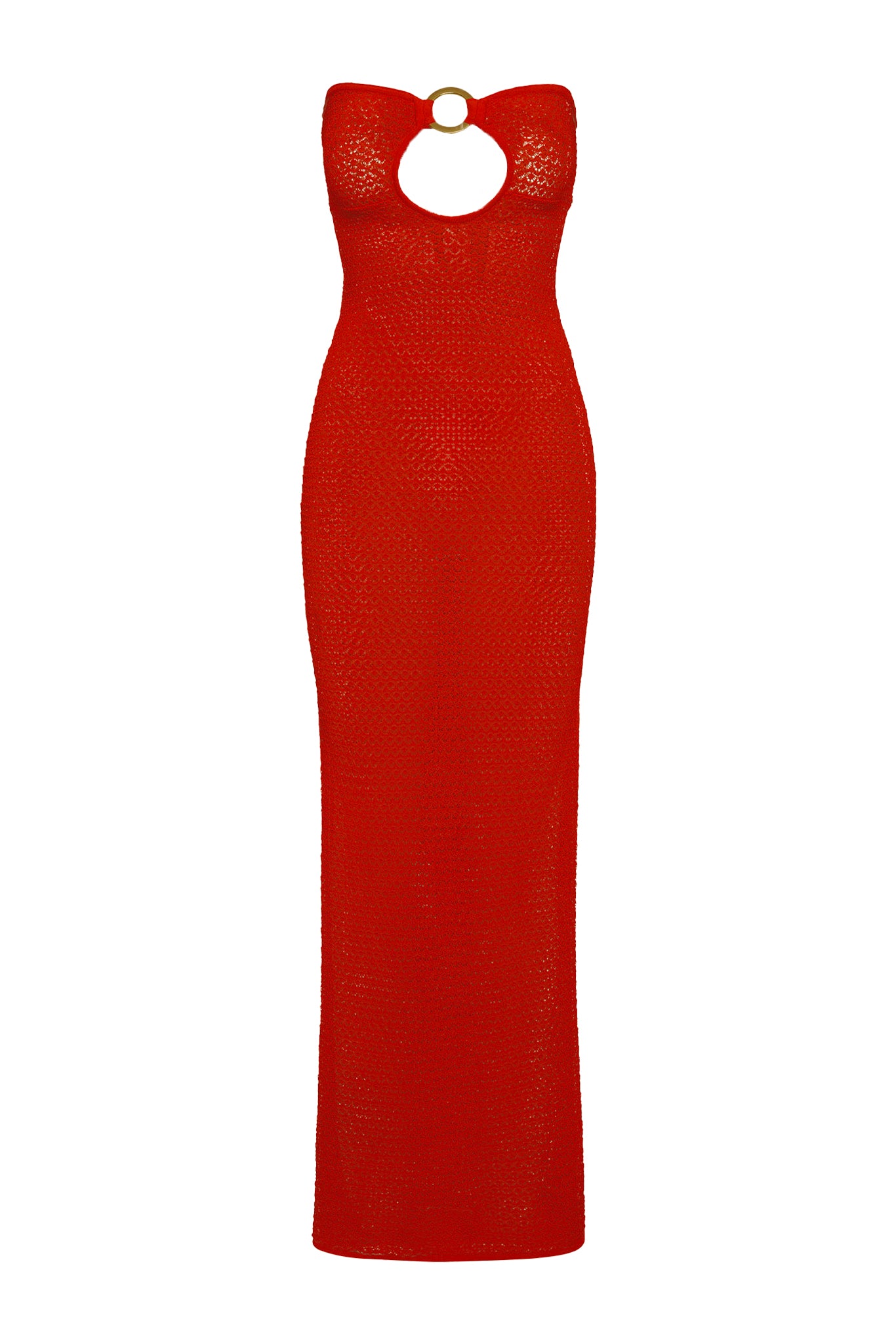 Front view of Montego Bandeau Dress in Chili Pepper lace crochet, strapless with circular gold front ring on white background