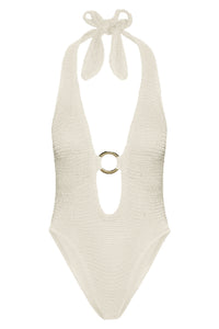 Front view of Montego Bodysuit in ivory showing halter tie, deep V with gold O-ring and treble knit on white background