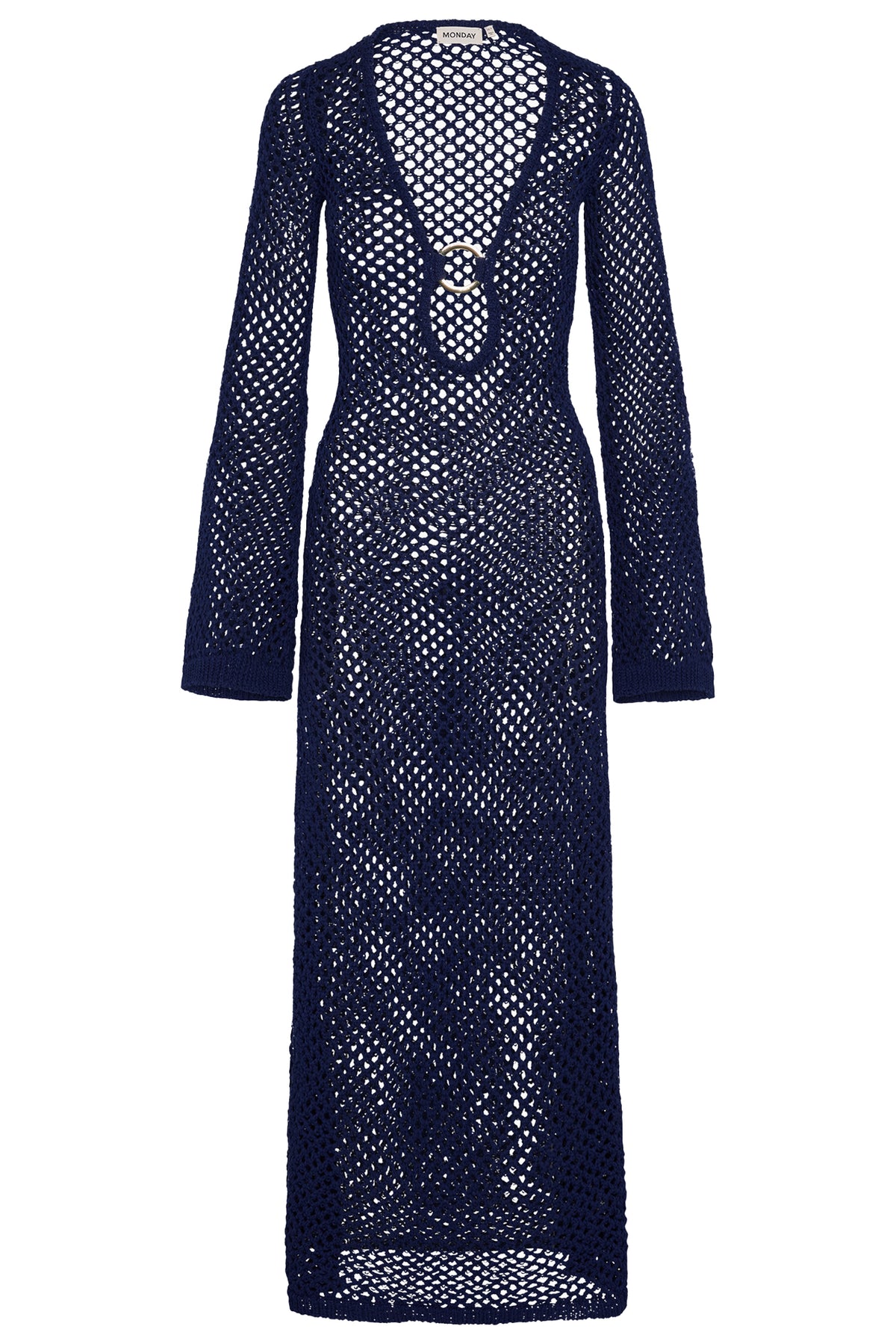 Front view of Montego Dress, midnight crochet, with gold ring detail, plunging neckline and long sleeves on white background