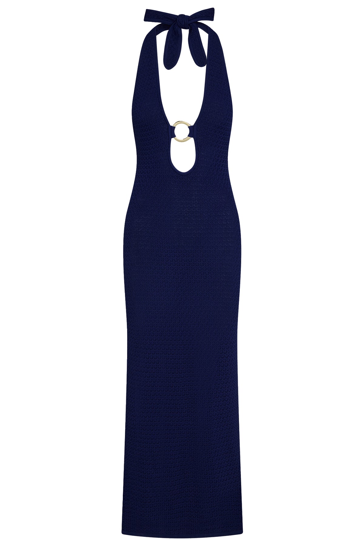 Front view of Montego Halter Dress - Midnight Lace Crochet showcasing halter tie, gold ring keyhole, and fitted silhouette on white background