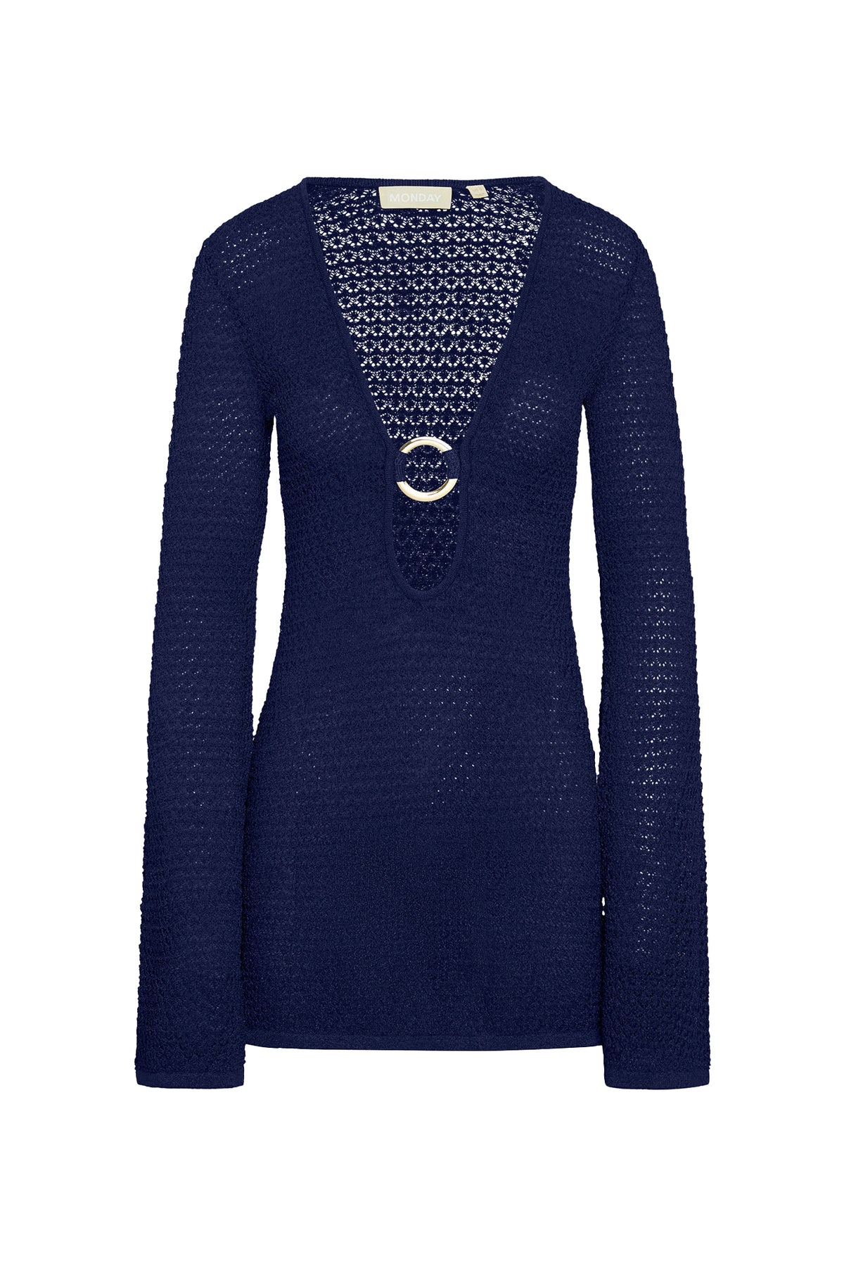 Front view of Montego Mini Dress in midnight lace crochet showcasing plunging neckline and gold ring on white background