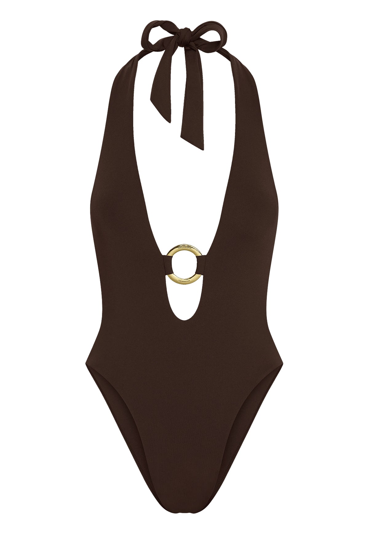 Front view of Montego One Piece in Espresso showcasing halter plunge and branded metal Monday ring on white background