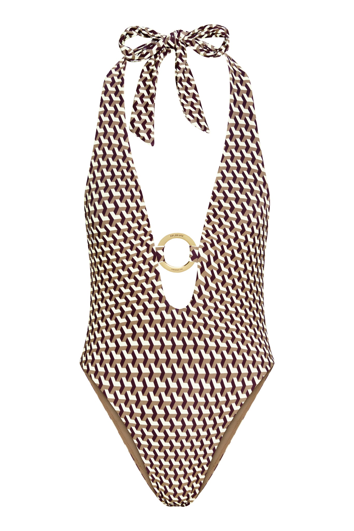 Front close-up of Montego One Piece Husk Geo showing halter V-plunge, gold O-ring and brown geometric print