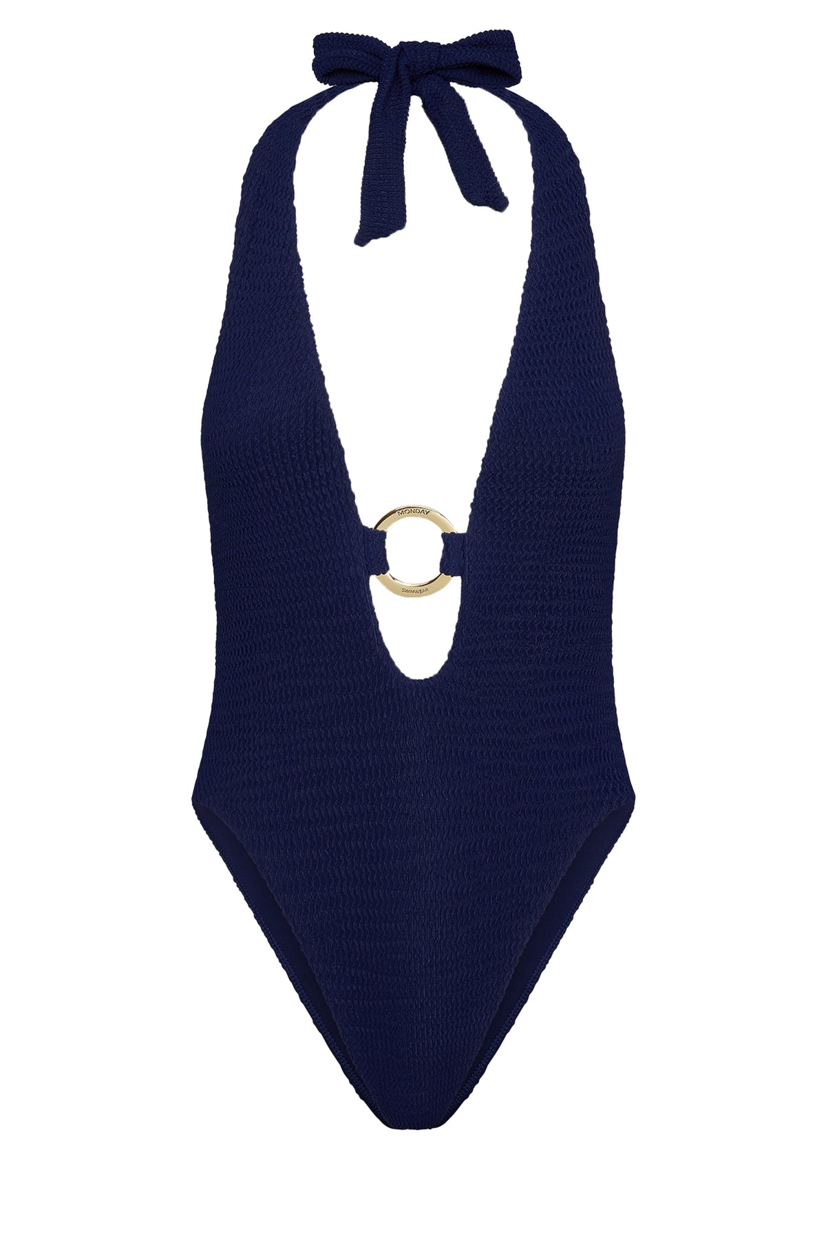 Front view of Montego One Piece in midnight crinkle showcasing halter plunge and branded metal Monday ring on white background