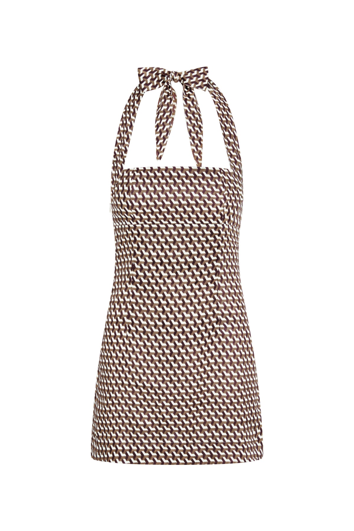 Front view of Montserrat Mini Dress in Husk Geo print showcasing halter neck tie and fitted silhouette on white background