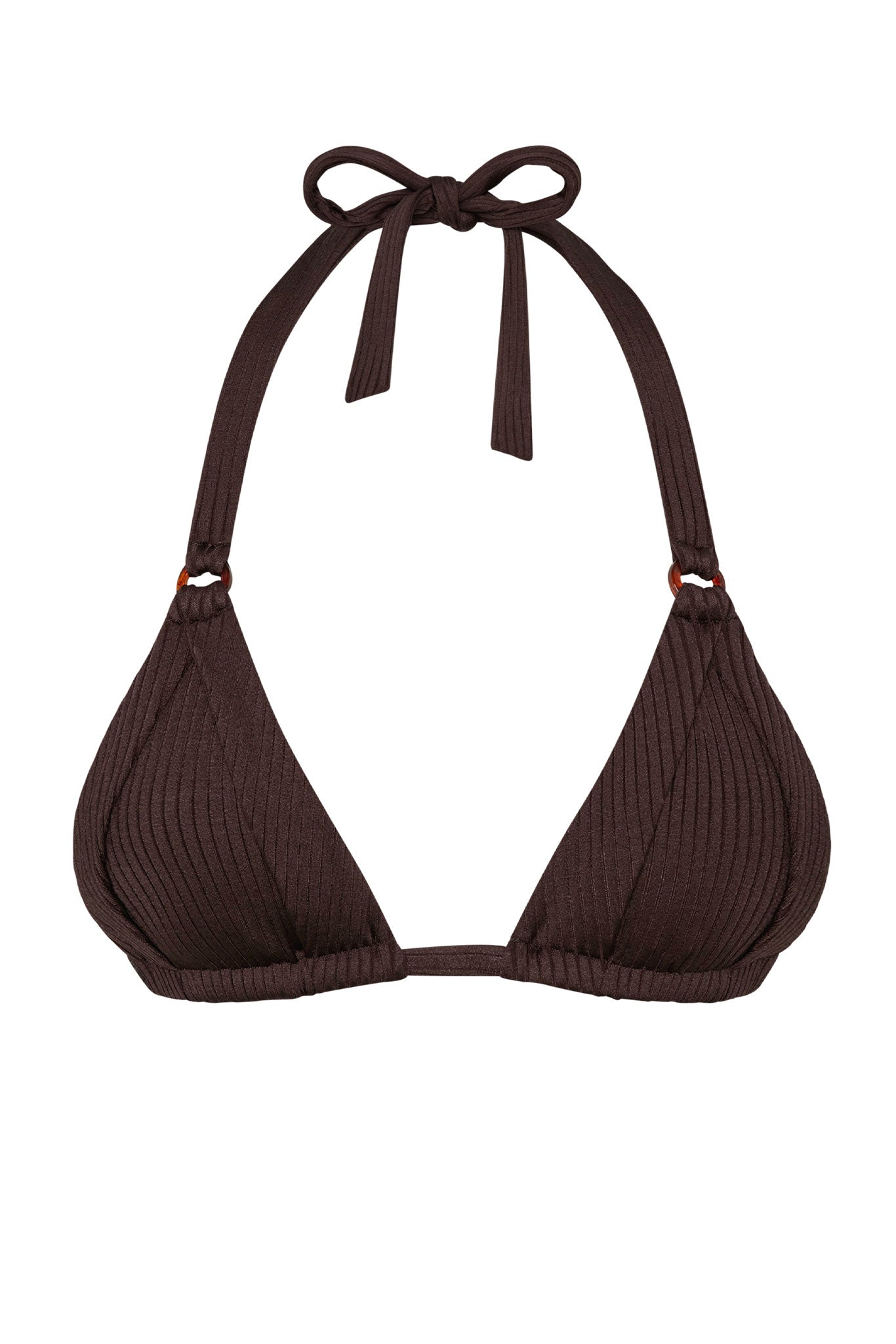 Brown ribbed triangle bikini top with halter neck tie and small tortoiseshell strap rings