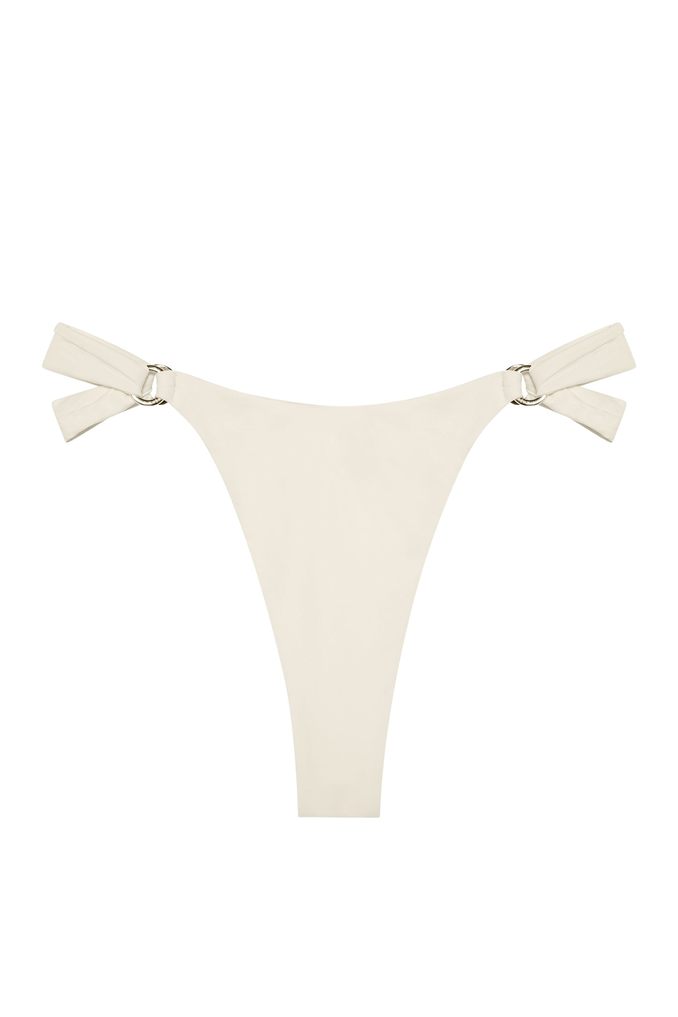 Cream high-cut bikini bottom with side tie straps and gold rings, flat on white background.