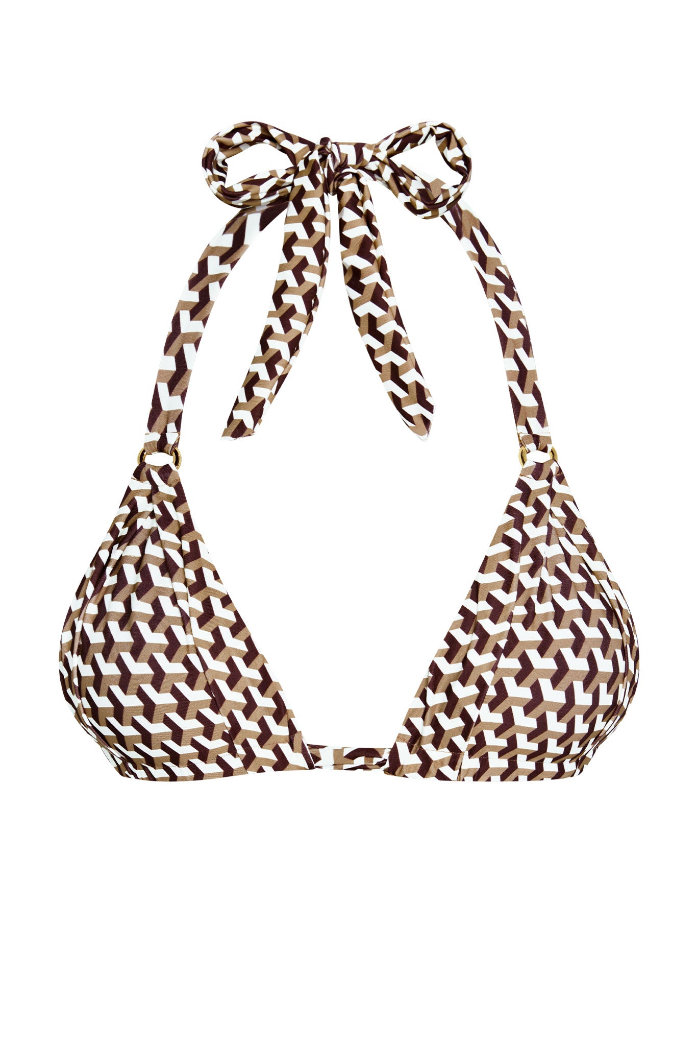 Halter bikini top with brown, tan and white geometric pattern and tied bow at the neck.
