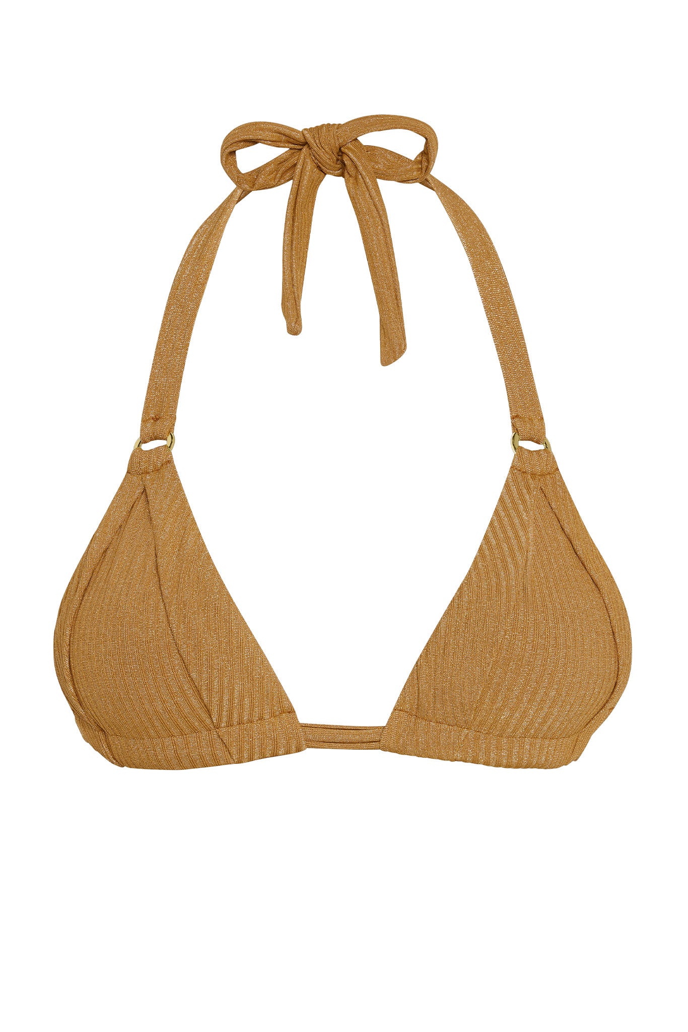 Mustard-colored ribbed triangle bikini top with halter tie, thin center band, and small gold O-ring strap accents.