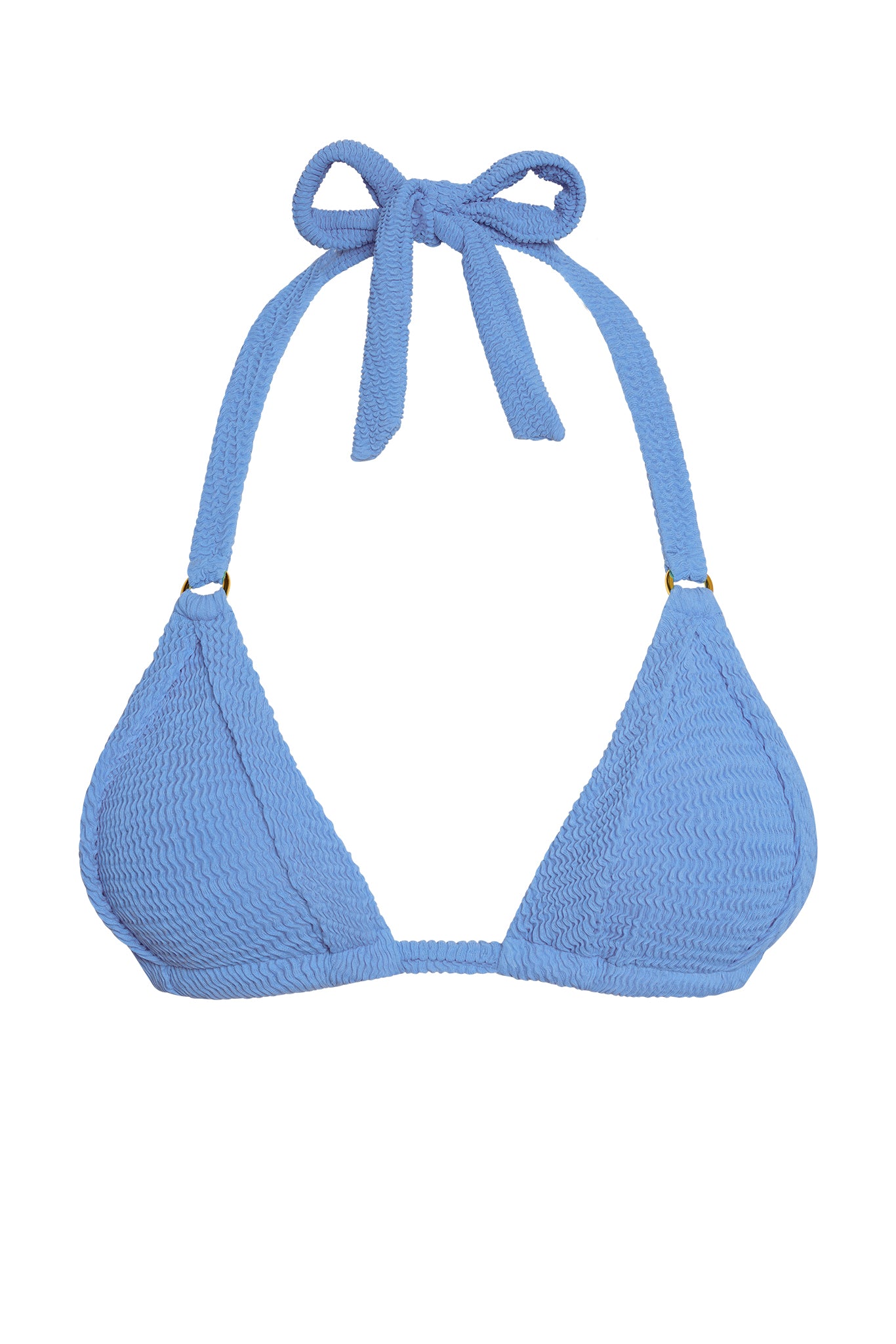 Blue textured halter bikini top with triangle cups and tied neck straps
