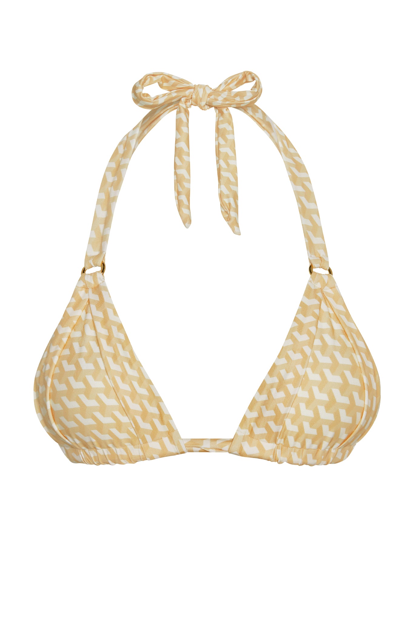 Yellow and white geometric-print triangle bikini top with halter tie