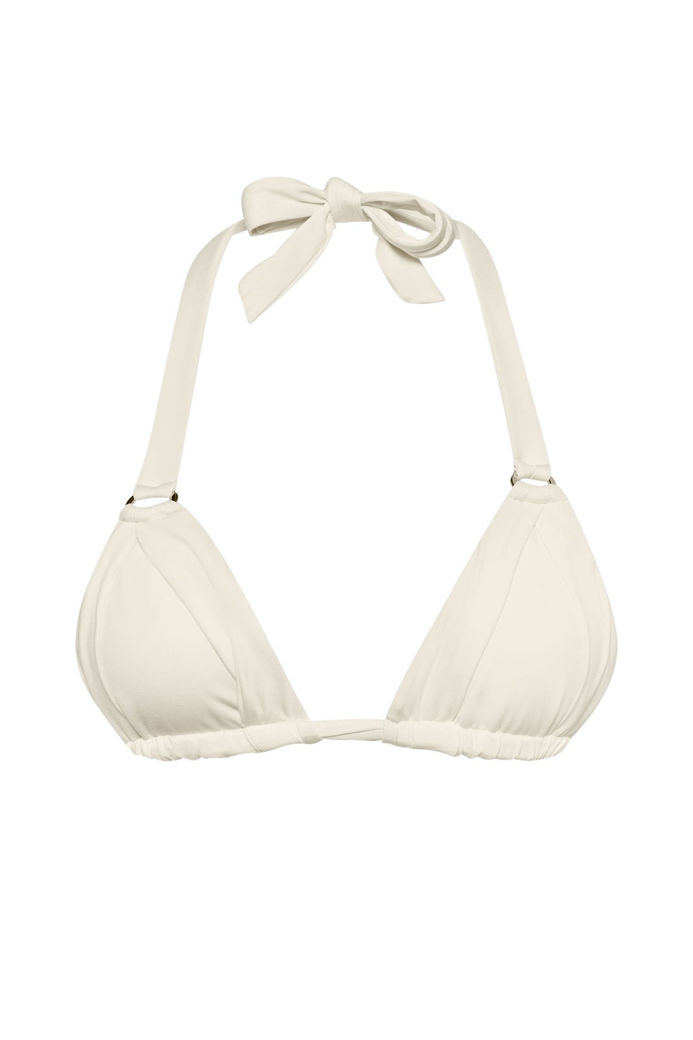Cream halter bikini top with ruched triangle cups and tie-neck straps