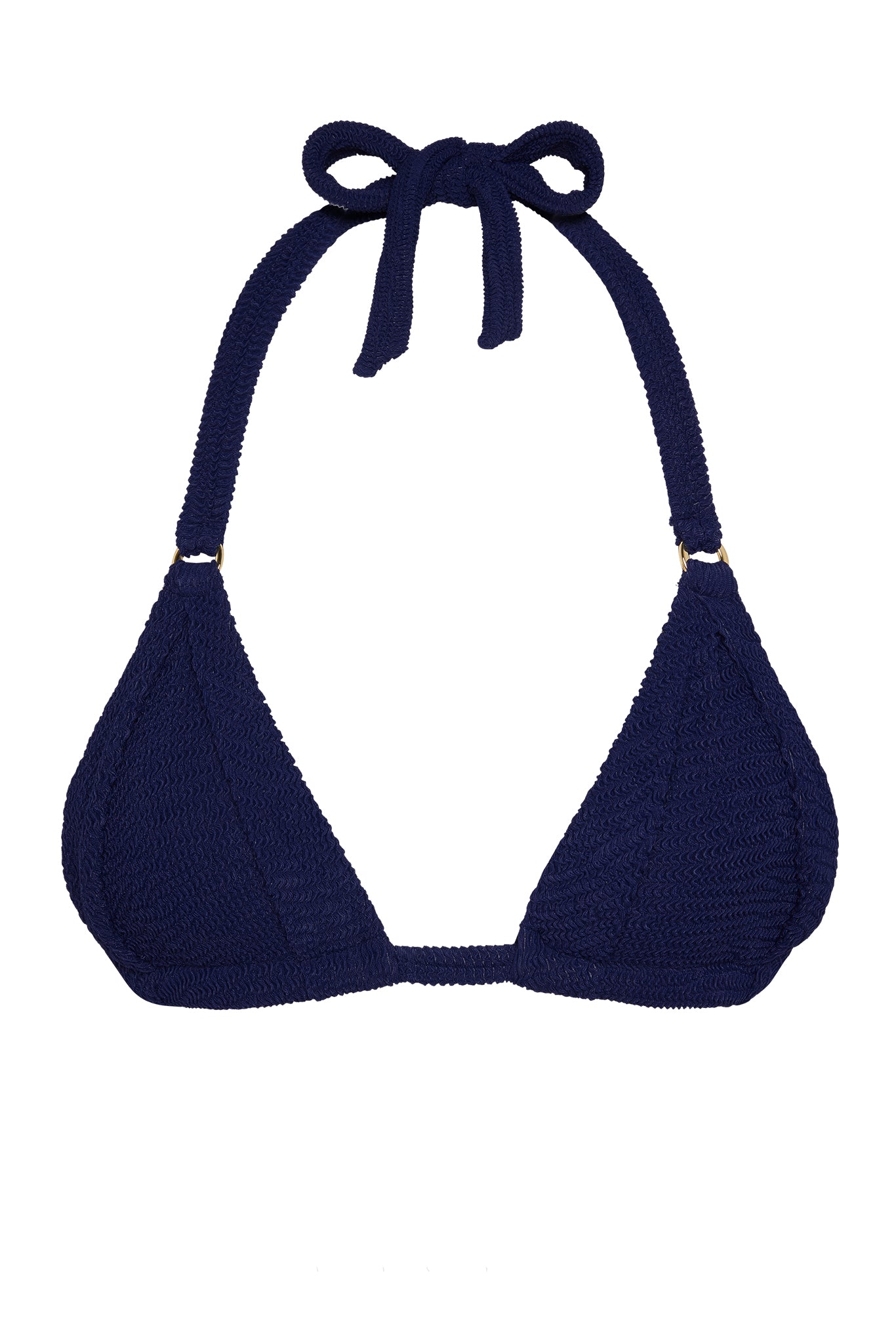 Navy textured triangle bikini top with halter tie and narrow underbust band