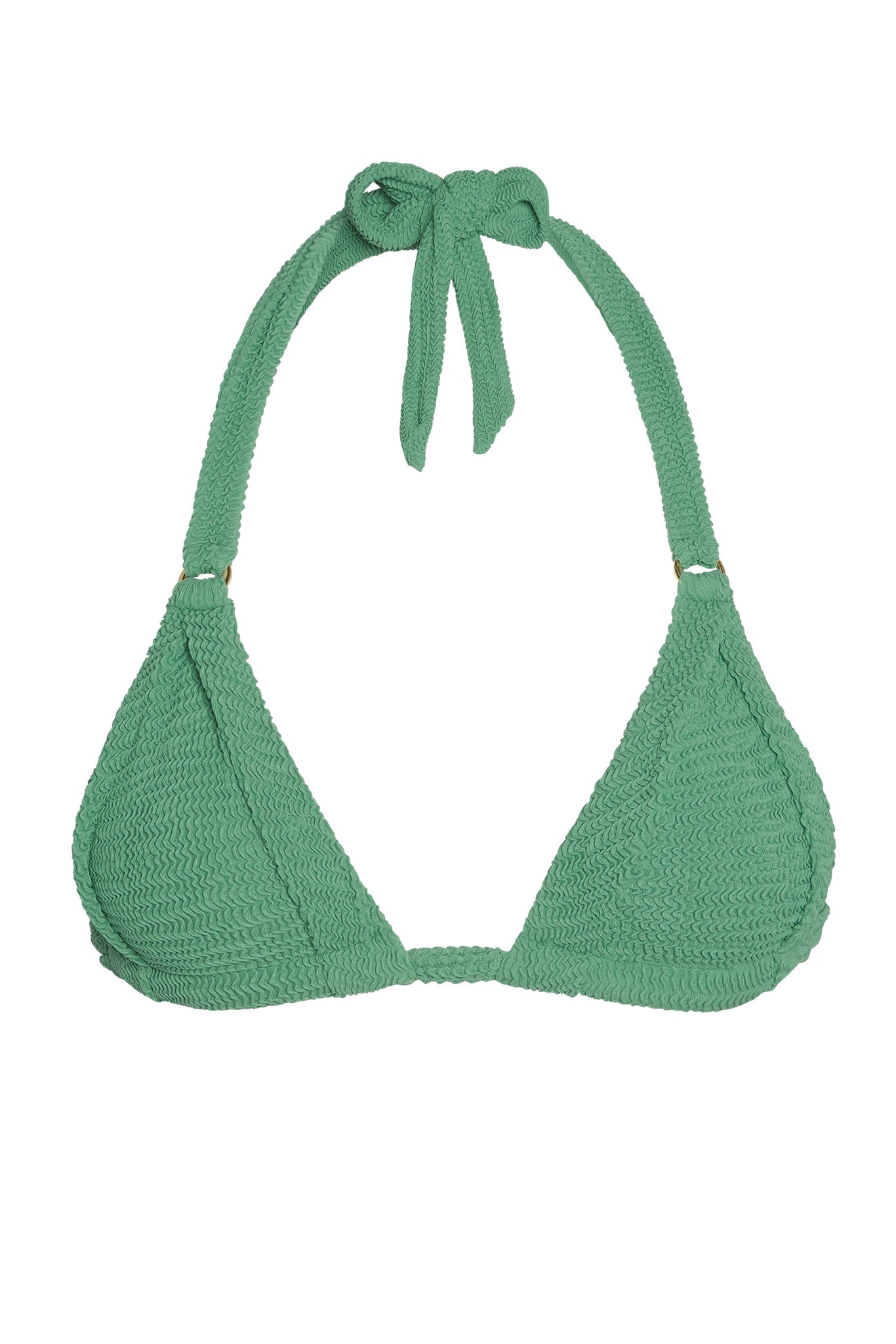 Green textured triangle bikini top with braided underband and halter tie