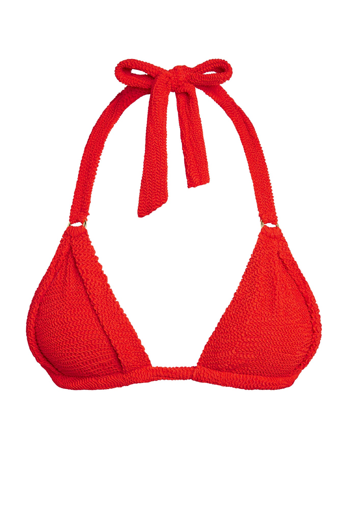 Red textured triangle bikini top with halter neck tie and ruched fabric