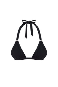 Front view of black Morocco Top showcasing pleated triangle cups, adjustable ties, and gold ring hardware on white background