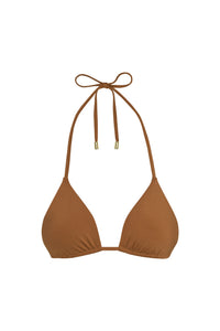 Front view of Palma Top bikini in caramel with triangle cups and adjustable halter ties with gold tips on white background