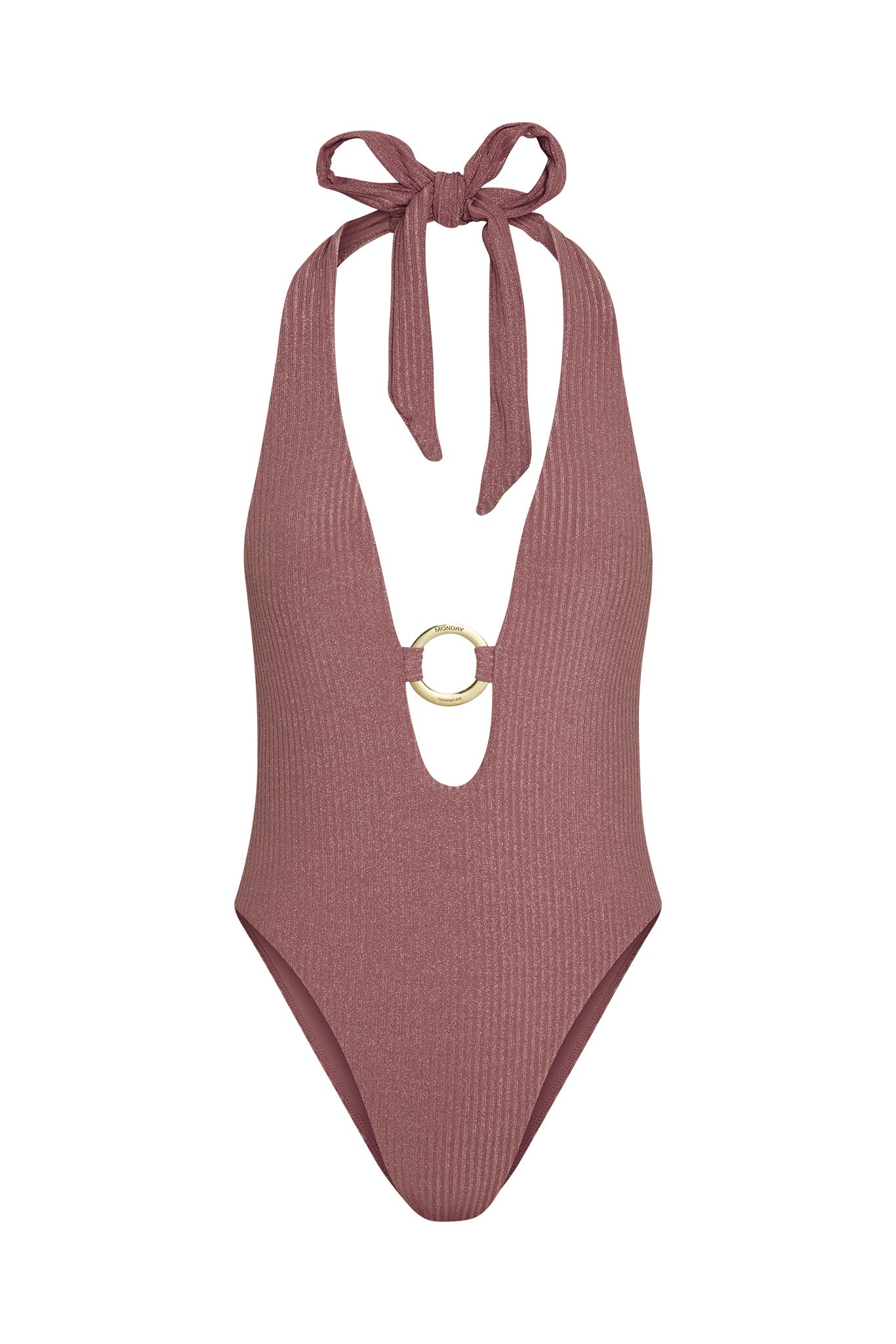 Ribbed dusty-rose halter one-piece swimsuit with tied neck straps and gold O-ring at center front.