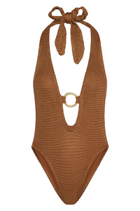 Front view of Montego bodysuit in caramel treble knit showcasing plunging halter neckline and center gold ring on white background