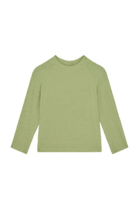 Front view of Bondi Rashguard Kids in avocado crinkle showcasing long sleeves and textured crinkle fabric on white background