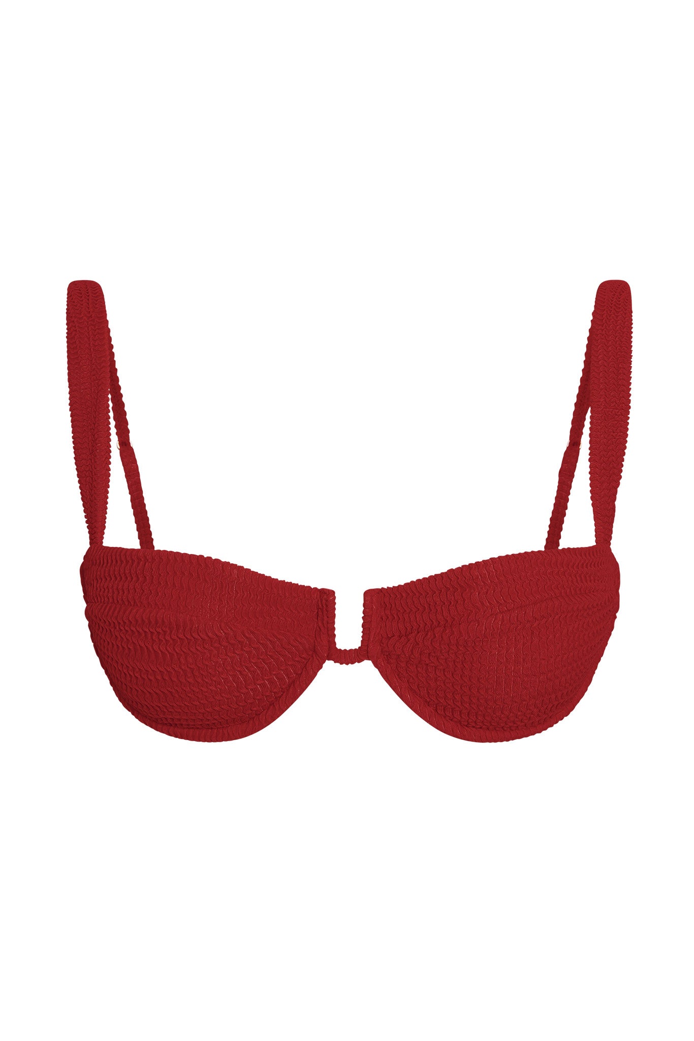 Cherry-red crinkle-texture bikini top with underwire cups, narrow adjustable shoulder straps and U-shaped center bridge