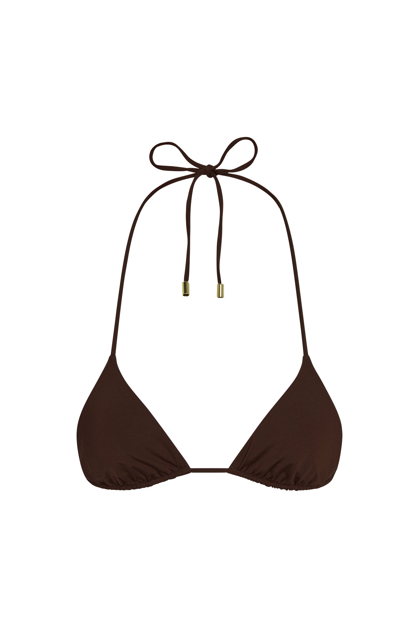 Front view of Taormina Top in espresso, triangle bikini top with thin adjustable neck and back ties and gold hardware on white