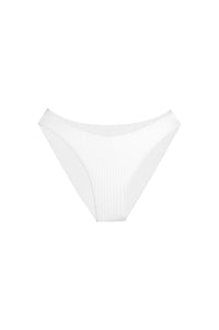 Front view of Seychelles Bottom in optic white rib showing mid-rise moderate coverage and ribbed texture on white background