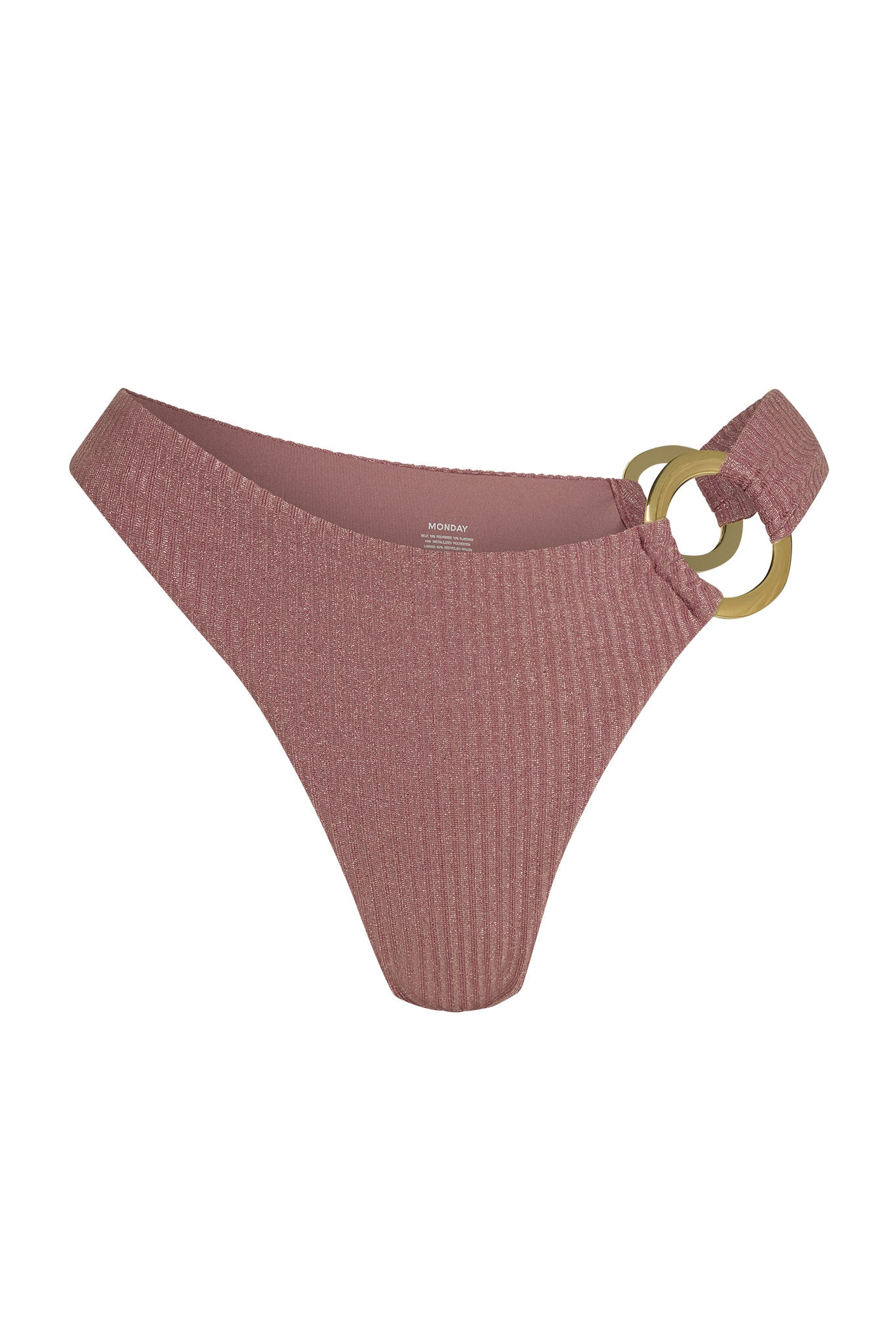 Mauve lurex ribbed high-leg bikini bottom with gold double-ring hip detail; inner label reads MONDAY