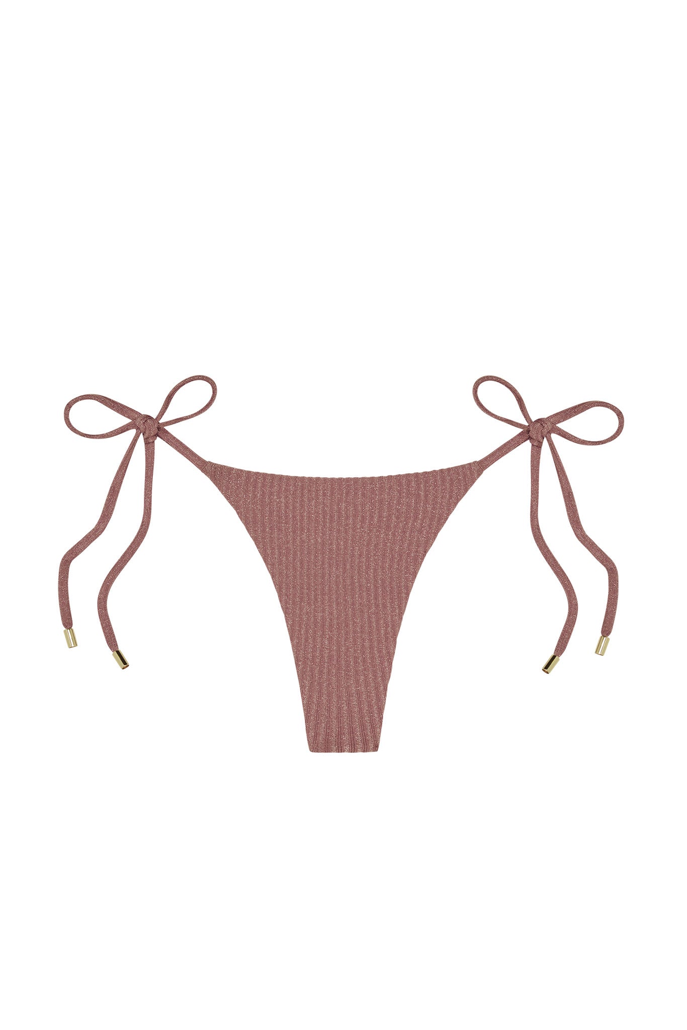 Rose‑mauve ribbed tie-side bikini bottom with gold-tipped side ties