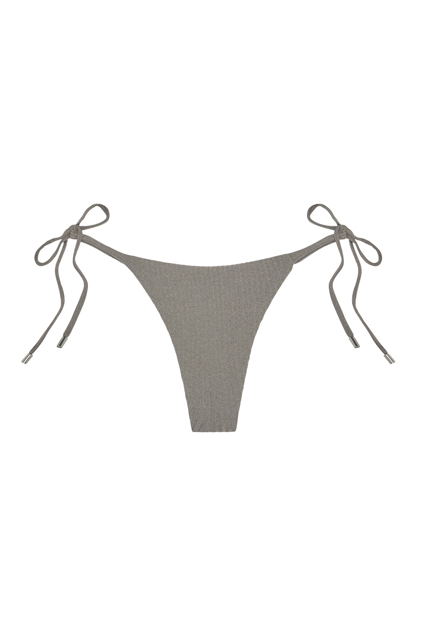 Front of Palma Thong showing steel lurex rib fabric, side tie bows and metal aglets on white background