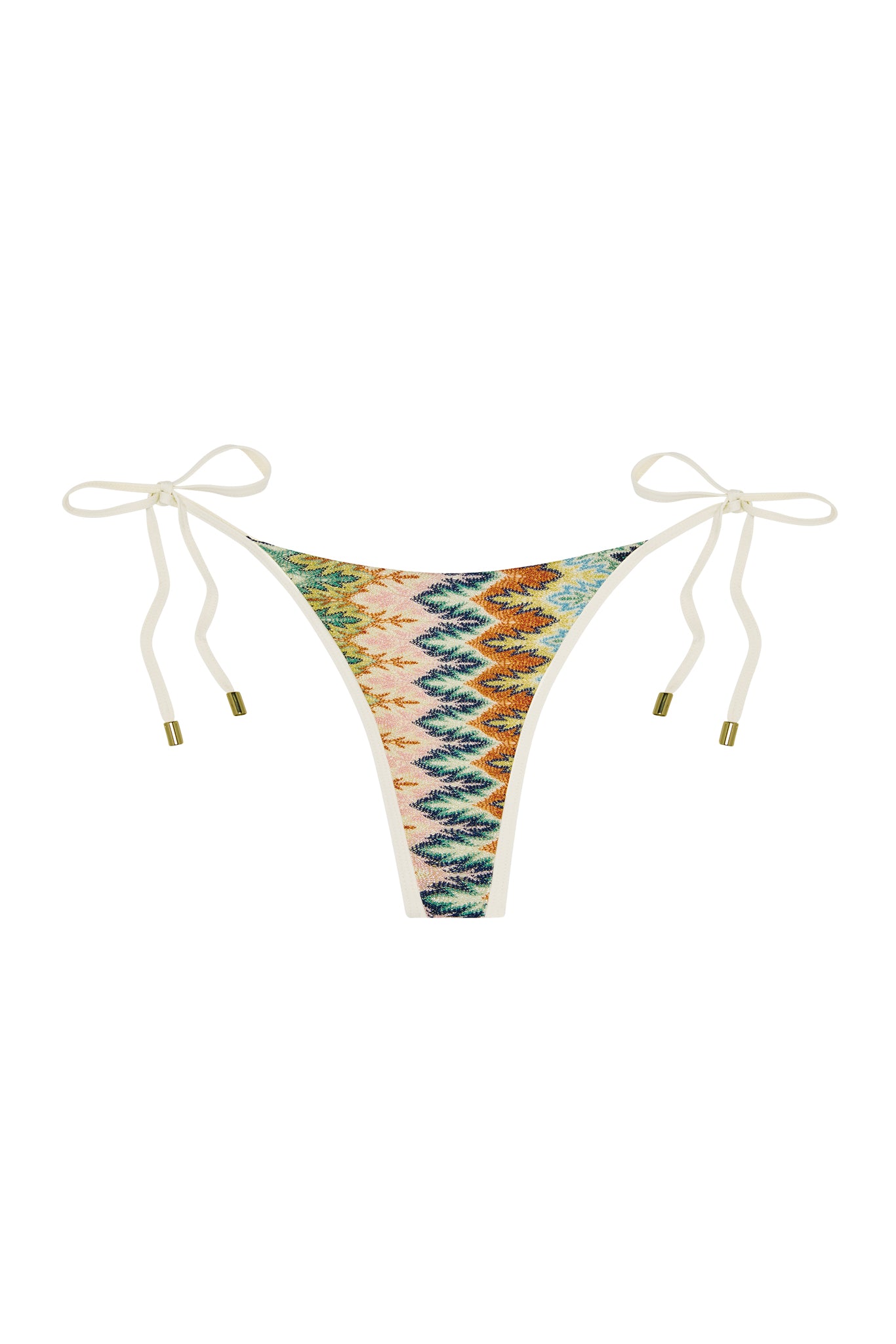 Front view of Palma thong in Porto Cervo Multi showing colorful zigzag color-block print and adjustable tie sides on white background