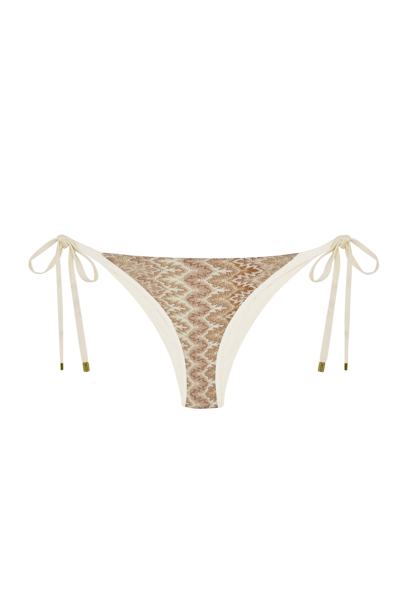 Front view of Le Marais bottom in Porto Cervo Gold with metallic gold colorblock front and tie-side straps on white background