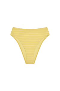 Front view of Formentera Bottom in Meyer Stripe showcasing high-waisted fit, high leg, and cheeky coverage on a white background