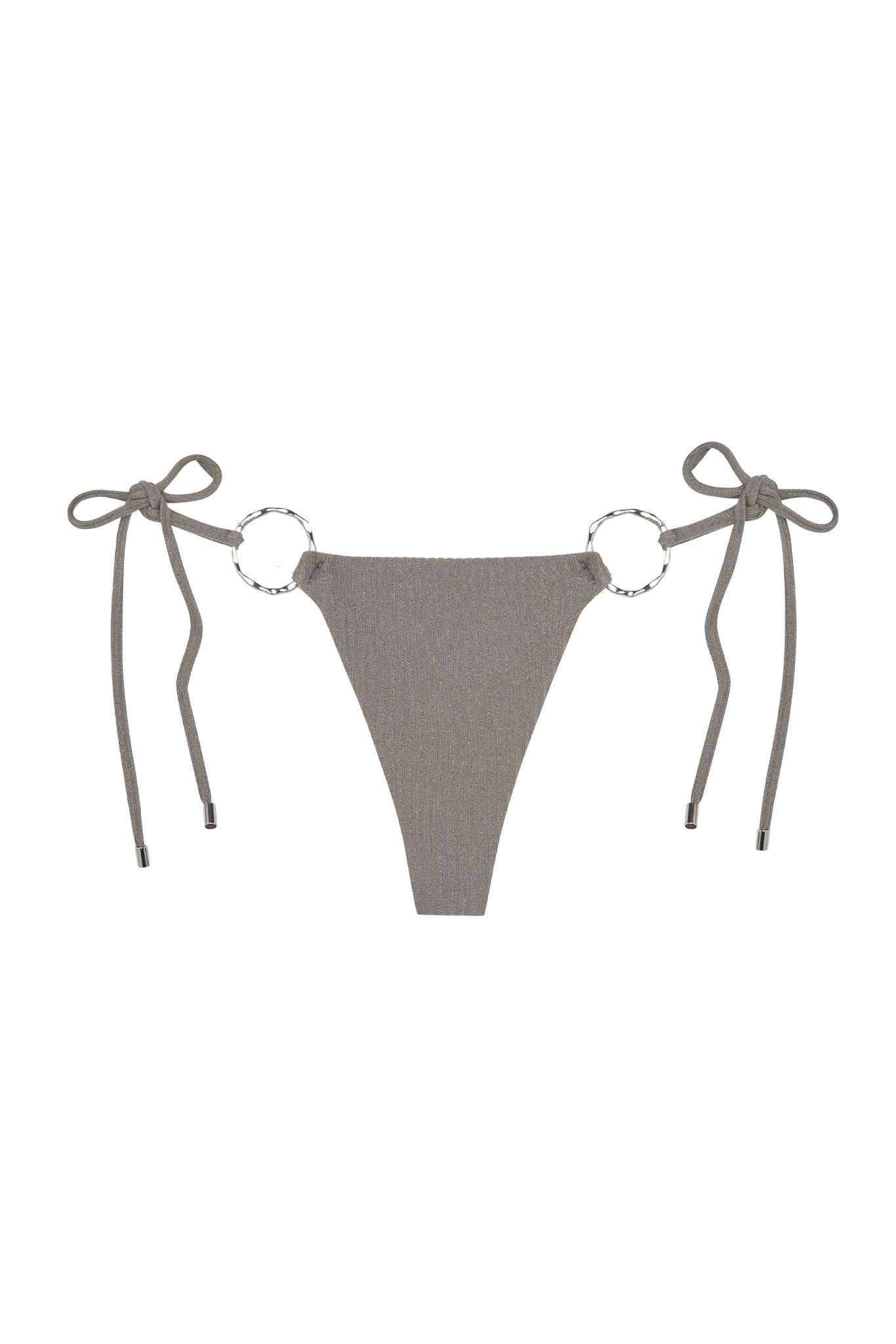 Front view of Cannes Bottom in steel lurex rib showing high-cut triangle front, adjustable tie sides with silver ring hardware on white background