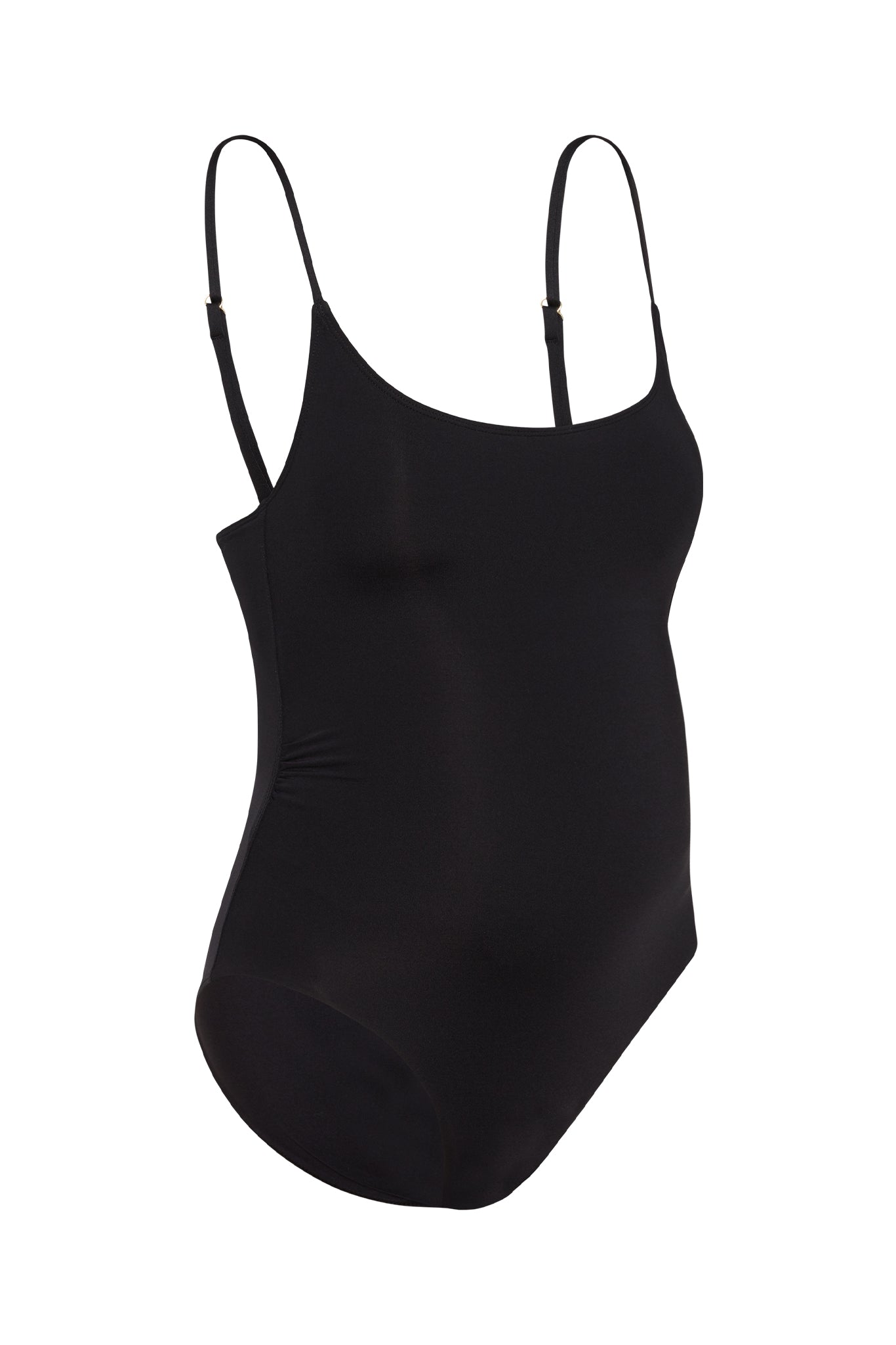 Black maternity one-piece swimsuit with adjustable thin shoulder straps and side ruching